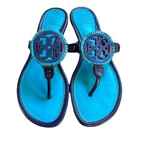 Tory Burch Flat Sandals Miller Fringe Navy Sea Blue Thong Flip Flop Size 8 S5